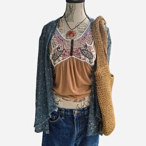 Y2K Brown lace tank top with colorful embroidery and beading. Size: L